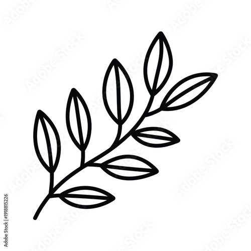 Simple black and white illustration of a leafy branch with several oval leaves