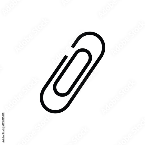 A simple black and white illustration of a standard metal paperclip