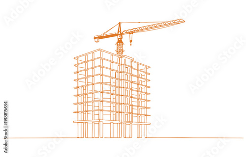 Single continuous line drawing tower crane working on skyscraper frame.