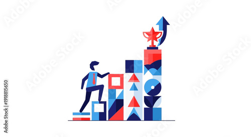 Businessman climbing up geometric graph with trophy