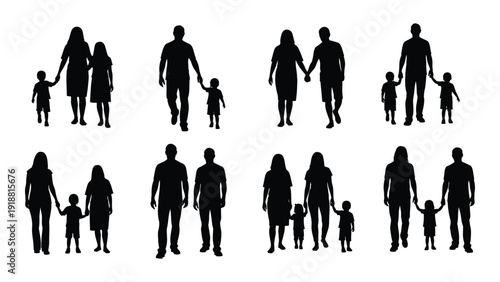 Diverse silhouettes of families with varying compositions and dynamics isolated on white background, Vector