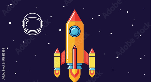 Cartoon rocket ship in space with stars and planet
