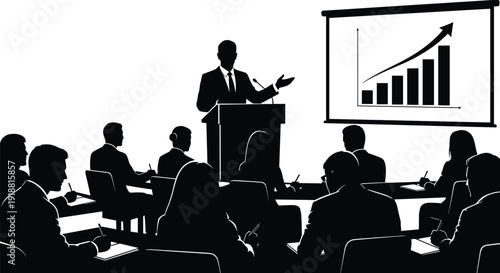Business presentation, podium speaker, projection screen, bar chart, corporate meeting, professional communication, data analysis,  audience discussion, silhouette illustration, flat vector design