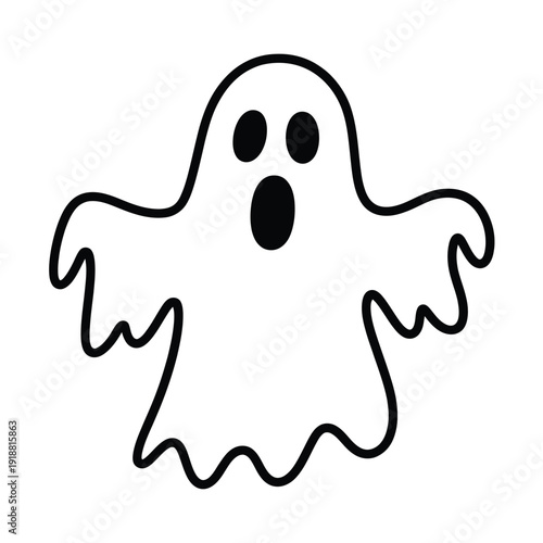 A simple black and white line drawing of a classic cartoon ghost
