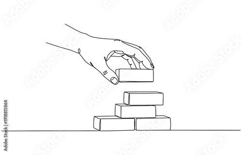 One line continuous building house Hand arranging bricks.