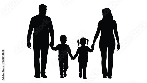 Silhouette of a family of four holding hands together in a line. isolated on white background, Vector