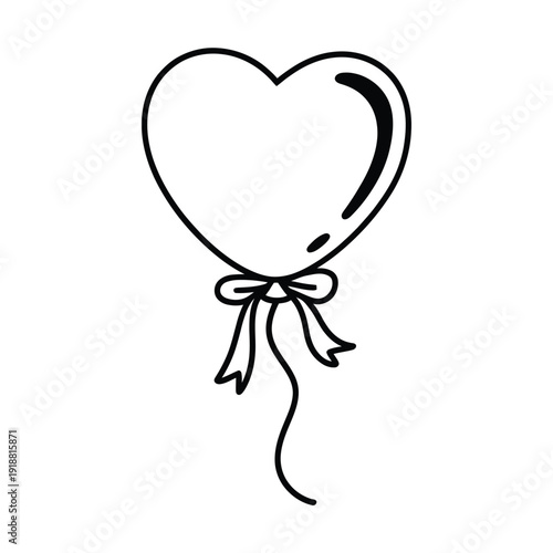 A simple black and white illustration of a heart shaped balloon with a ribbon