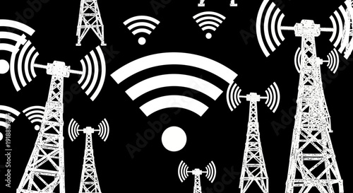 Cell towers and Wi-Fi signals on black background