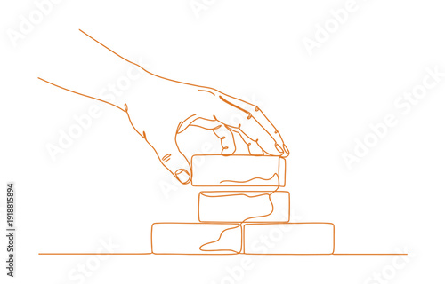 One line continuous building house Hand arranging bricks.