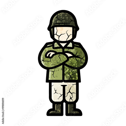 Cartoon Soldier Standing Arms Crossed, Vintage Texture