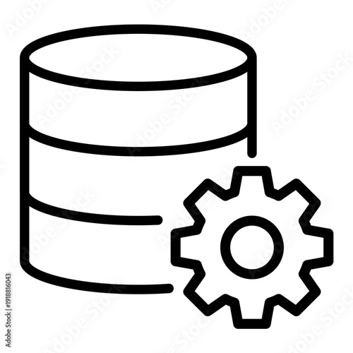 Minimalist line icon representing a database storage cylinder with a configuration gear symbol for data management and processing