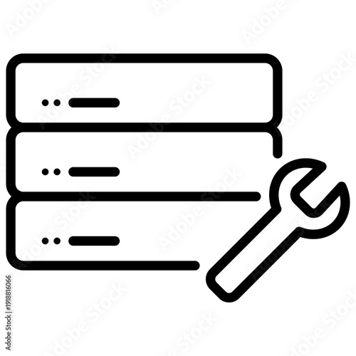 Clean line icon showing a server rack unit with a gear overlay indicating configuration and backend system adjustments