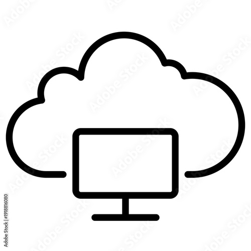 Simple line icon depicting a computer monitor inside a cloud silhouette representing remote computing and cloud-based services