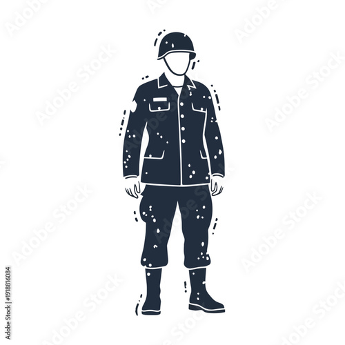 Silhouette of a soldier in uniform with helmet, standing, isolated on white background.