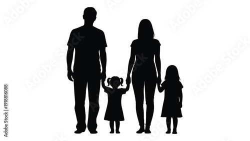 Silhouette of a family of four standing together with hands held isolated on white background, Vector