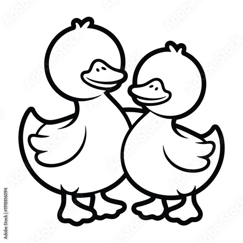 Two cartoon ducks facing each other depicted in a simple black and white style