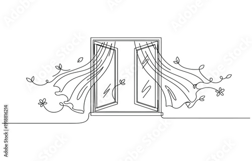  open window with a gentle breeze one line art vector.