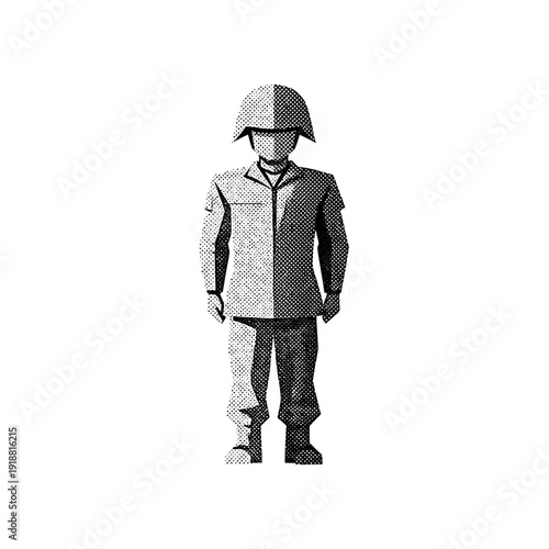 Soldier icon, military uniform, helmet, black and white graphic
