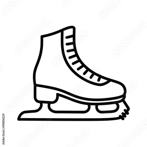 A simple black and white line drawing of a single ice skate