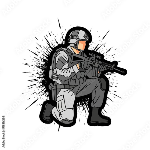 Soldier kneeling with rifle, military concept, action splash background