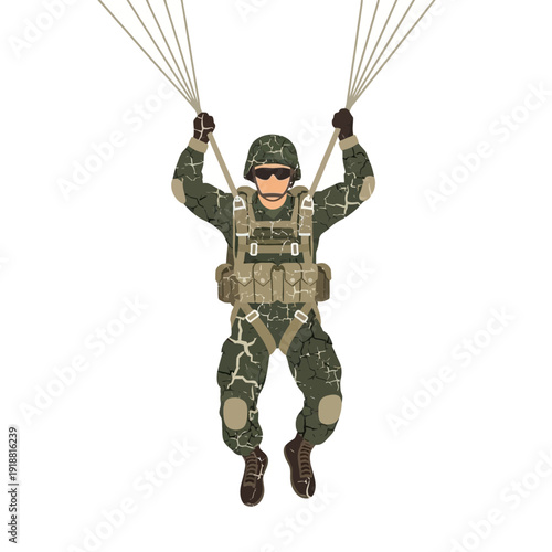 Soldier parachuting with camouflage uniform and gear