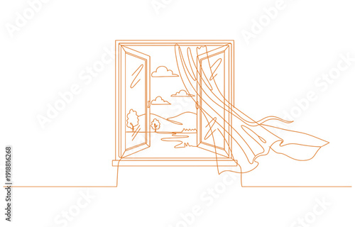  open window with a gentle breeze one line art vector.