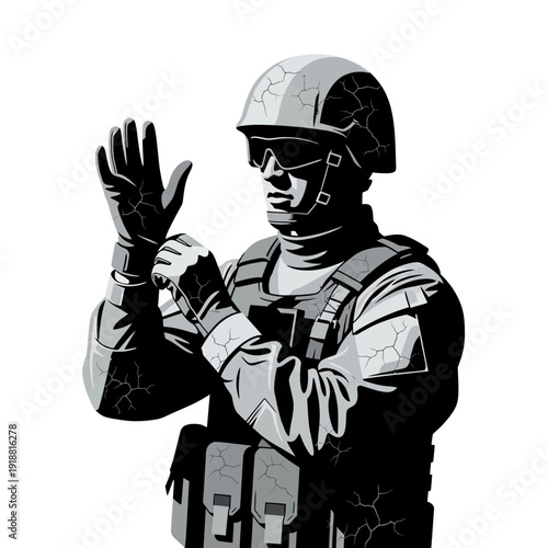 Soldier putting on tactical gloves, military gear, preparation, readiness