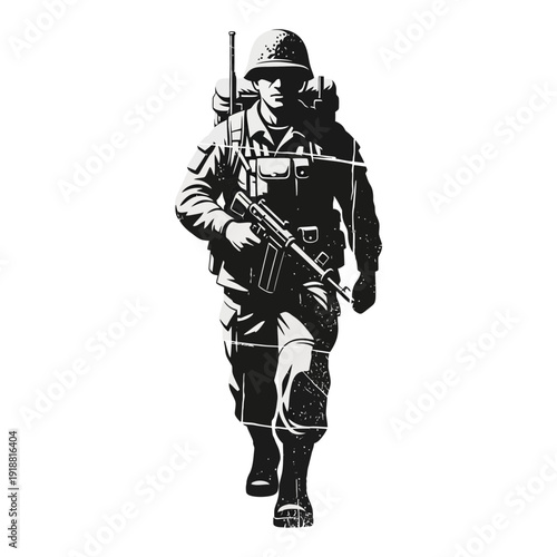 Soldier Walking with Rifle, Military Illustration