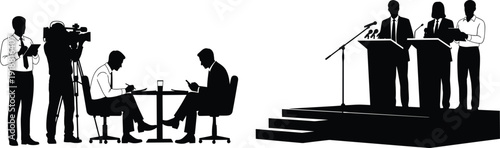 Media interview, public speech, podium debate, journalism communication, press conference, corporate announcement, formal presentation, silhouette illustration, flat vector design