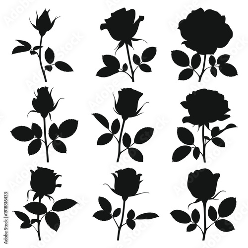 A collection of nine black silhouettes depicting roses in various bloom stages