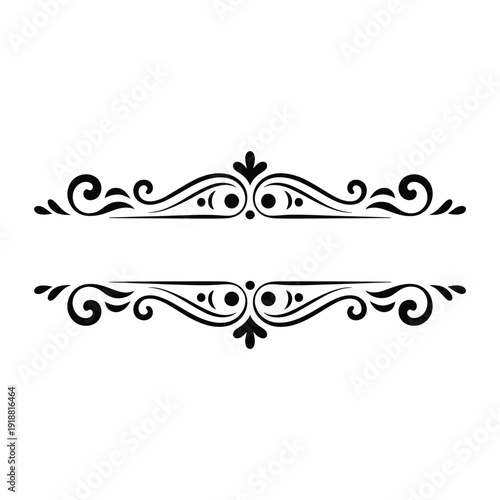 Elegant black floral flourish design element with symmetrical curves and swirls