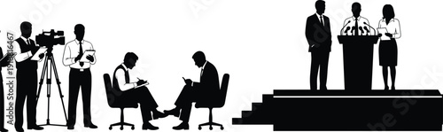 Press conference, media event, podium speech, corporate briefing, public statement, journalism communication, political announcement, silhouette illustration, flat vector design