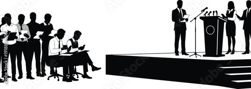 Press conference, podium speakers, corporate announcement, public communication, journalism event, political briefing, formal presentation, professional interaction, media coverage, silhouette illustr