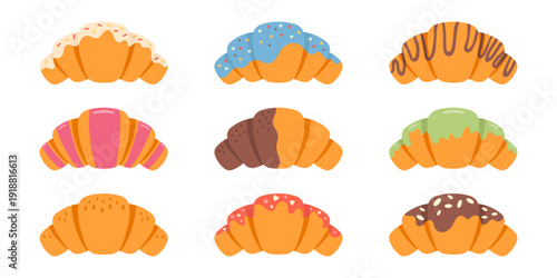Color icons croissants with icing and colorful sprinkles, isolated  on white background. Sweet pastries, croissants for breakfast. For kids menu, cafe, shops. Fast Food Symbol. Flat vector illustratio