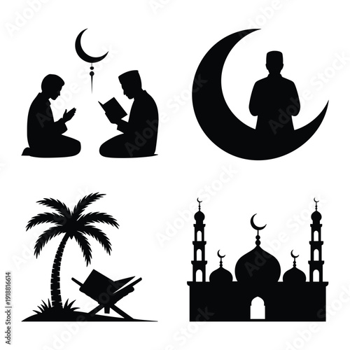 Silhouettes of islamic culture and practices during the holy month of ramadan isolated on white background, Vector