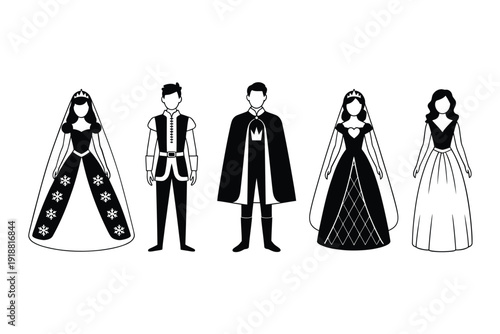 Black and white illustration depicting five figures in medieval or renaissance attire