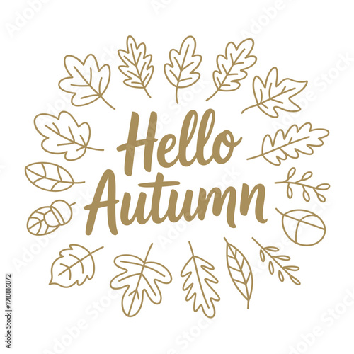 A welcoming autumn greeting surrounded by delicate hand drawn leaves in golden tones