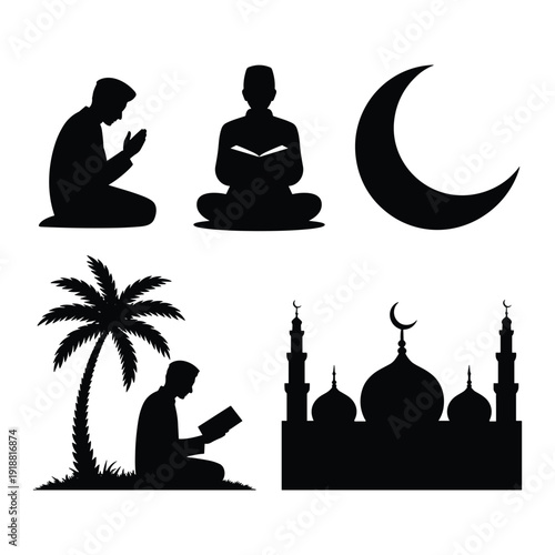 Silhouettes of islamic prayer and mosque with crescent moon and palm tree isolated on white background, Vector