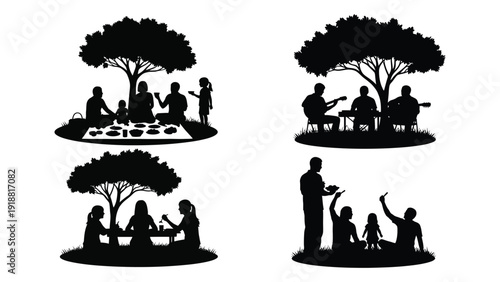Silhouettes of people enjoying various activities under trees in a park setting. isolated on white background, Vector