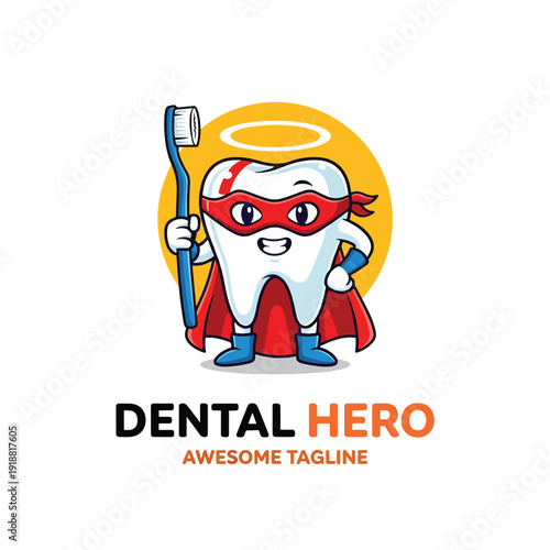 Vibrant vector illustration of a superhero tooth mascot holding a toothbrush, promoting dental health and protection.