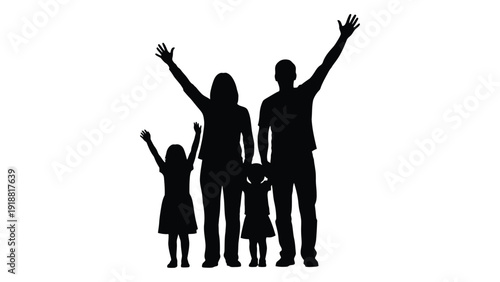 Silhouette of a family with raised hands in a joyful pose. isolated on white background, Vector