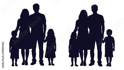 Two families with parents and children standing together in silhouette. isolated on white background, Vector