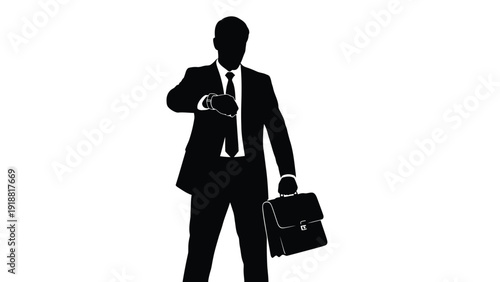Silhouette of a punctual businessman in a suit checking his wristwatch while firmly holding a leather briefcase in anticipation of a meeting
