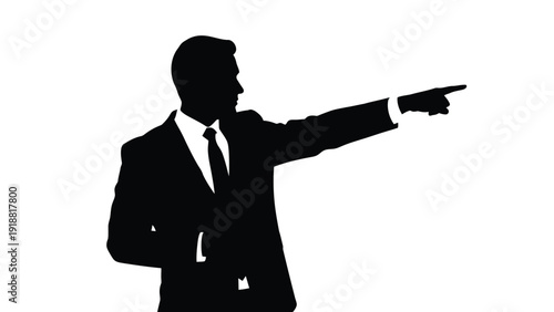 Silhouette of a sharply dressed businessman in a dark suit pointing decisively towards a clear bright future on the right side