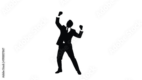 Silhouette of a businessman celebrating a huge victory with both fists triumphantly raised against a white background illustration