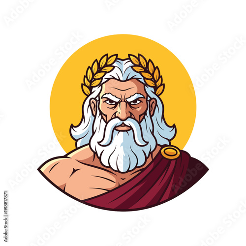 Classical God-like Figure Illustration: Stern Ancient Deity with Laurel Wreath and Sun Aura