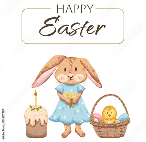 Easter greeting banner with cute bunny, basket and chick