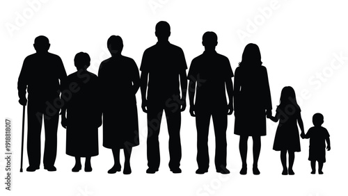 A diverse family of seven individuals standing together in silhouette form isolated on white background, Vector
