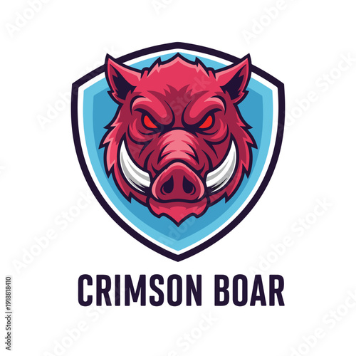 Fierce Wild Boar Head Mascot Illustration with Aggressive Red Eyes on Shield Emblem Vector Graphic
