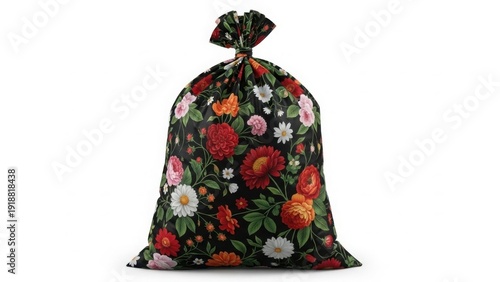 Large black fabric laundry bag featuring dense vintage floral pattern isolated